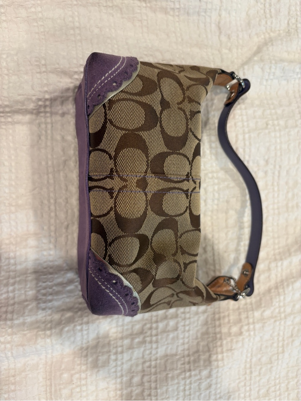 Coach Brown Signature Canvas Shoulder Bag with Purple Trim